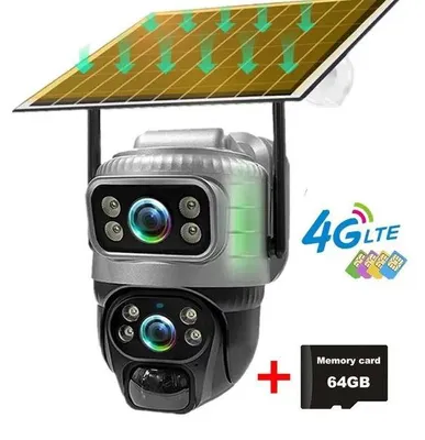 Image de Caméra de surveillance IP PTZ 4G d'extérieur à énergie solaire - Mémoire de 64 Go - Double objectif 8 MP - Panneau solaire de 8 W et batterie de 8 000 mAh - Vision nocturne en couleur - Étanche