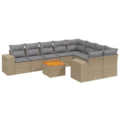 Produktbild von Modulares Garten-Sofa-Set 10-tlg., Loungemöbel mit Stauraum, wasserabweisendem Beutel, Poly Rattan, Akazienholz, Beige, Hellgrau, UV-beständig