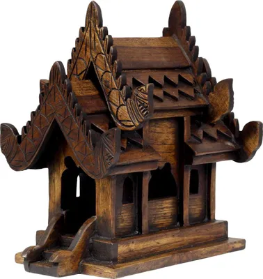 Produktbild von Traditionelles Geisterhaus aus Holz in Braun Geisterhäuschen San Phra Phum Feng Shui Thailand Asien Groß 24 cm