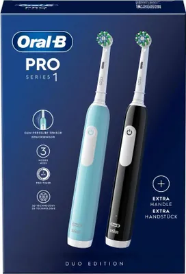 Obrázok produktu pre Oral-B Pro 1 PRO1CRSDUO, Dospelý, Rotujúco-oscilačná zubná kefka, Denná starostlivosť, Jemný, Bielenie, 20000 pohybov za minútu, Čierna, Tyrkysová, Biela, 8800 pohybov za minútu