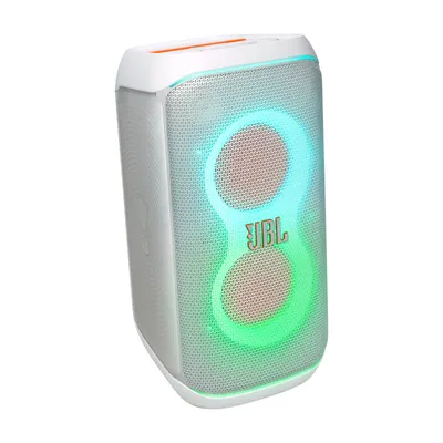 A white JBL portable party speaker with colorful LED lights.