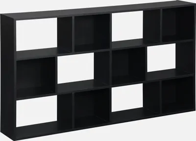 A black modular bookshelf with 12 compartments arranged in a 3x4 grid.