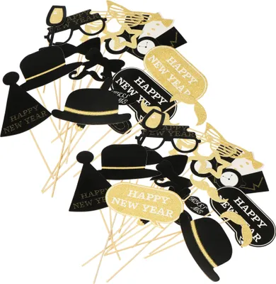 Produktbild von com-four® 40-teiliges Silvester Requisitenset - Fotokabinen Requisiten aus Karton - Accessoire für Silvester - Masken in schwarz und goldfarben