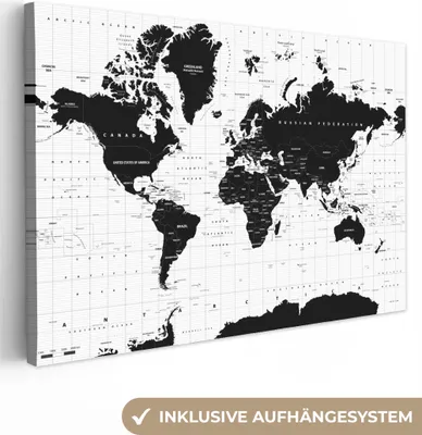 Obrázek produktu pro OneMillionCanvasses® - Plátno - Mapa světa - Černá - Bílá - Atlas - Země - Vzdělávání, Nástěnné umění, Nástěnné dekorace Obývací pokoj, 120x80cm