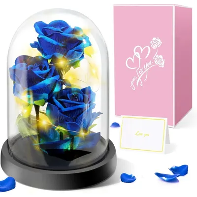 Productafbeelding van Eeuwige roos in een glazen vaas met lichtjes, 3 blauwe rozen, cadeau voor vrouwen, Moederdag, Valentijnsdag