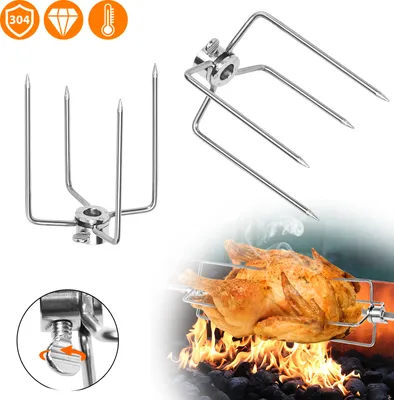 A product image showing BBQ meat forks and a rotisserie chicken cooking over a fire.
