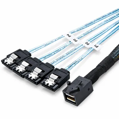 Produktbild von P56C Mini SAS SFF-8643 auf 4x SATA 7-Pin Splitter Kabel – Festplatten Datenkabel für HDD/SSD, 1 m