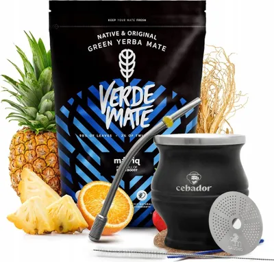 Produktbild von Verde Mate - Mate Tee Set Más IQ 500g - Mate Becher TermoColador Schwarz 350ml - Dicke Blätter 5mm - Fokus, Energie - Mit Sieb, Bombilla