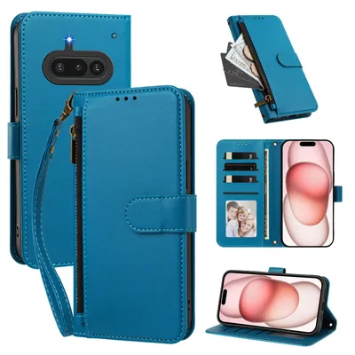 Produktbild von Geldbörse Hülle für Nothing Phone 3A, Kunstleder Handyhülle mit Kartenfächer, Ständer, Handschlaufe Blau