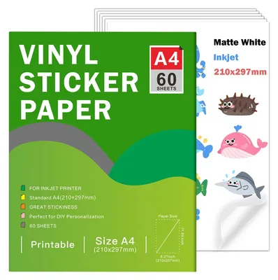 Obrázek produktu pro Samolepicí papír na vinyl, formát A4, 60 listů, matný bílý, určený pro inkoustové tiskárny, pro kreativní projekty
