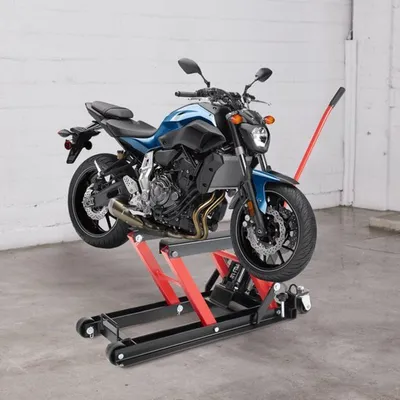 Obrázok produktu pre Hydraulický zdvihák na motocykle – nosnosť 680 kg – výška zdvihu 115-365 mm – červený – určený do garáže