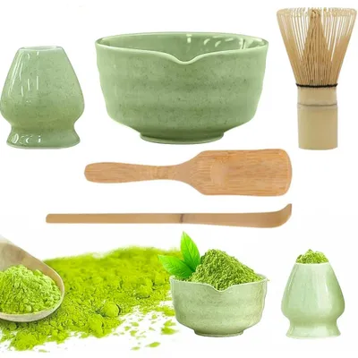 Produktbild von Matcha-Schneebesen-Set, Matcha-Set, Keramik-Matcha-Schale, Schneebesen, 2X Schaufel, Chasen-Halter,  Premium Japanese Matcha Tea Set - 5-teilig