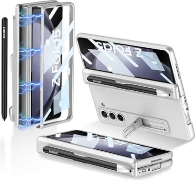 Collage of a silver phone case for Samsung Galaxy Z Fold 5, showing different angles and features like a pen slot and kickstand.