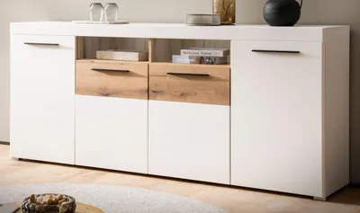 Produktbild von Sideboard "Lavell" in weiß matt und Evoke Eiche Kommode 205 cm, Soft-Close-Funktion und inklusive Beleuchtung