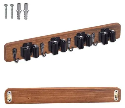 Produktbild von Hängender Besenhalter, Holzbesenhalter mit 4 Einstellungen und 4 Haken, moderner Hängender Besenorganizer für Küche, Garage, Garten