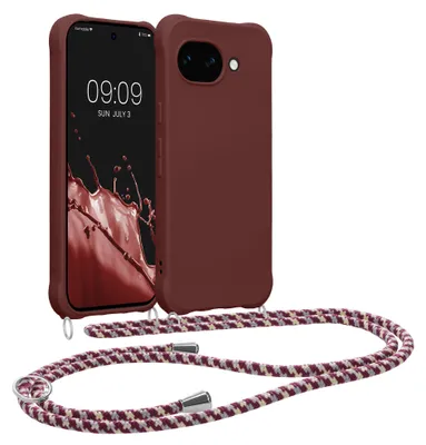 Image de Étui kwmobile avec cordon pour Google Pixel 10a - Coque en silicone TPU pour téléphone portable avec cordon amovible, étui à porter en collier, couleur bordeaux violet