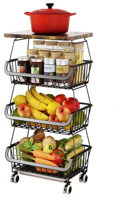 Image de Étagère pour fruits - Panier à fruits et légumes à 4 niveaux - Paniers de rangement empilables - Avec roulettes - Acier inoxydable - Pour cuisine, cellier, salle de bain - Noir