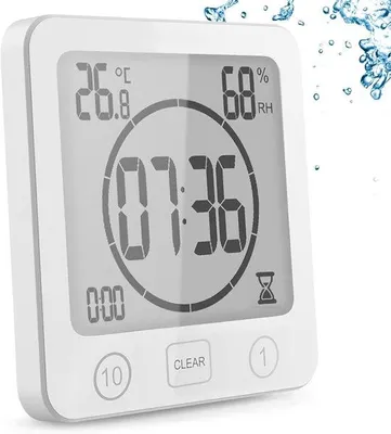 Zdjęcie produktu dla Cyfrowy minutnik prysznicowy z termometrem i higrometrem, wyświetlacz LCD z alarmem, wodoodporny, pojedynczy przycisk, 230 V, biały.