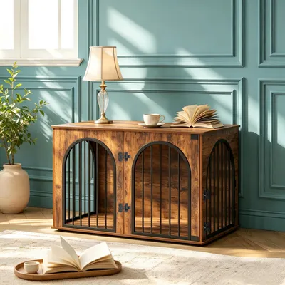 Produktbild von Hundekäfig Möbel, 100 cm Hundebox Möbel, 3 Türen, Vintagebraun Bogentür, Moderne Hundebox Indoor für Hunde, Beistelltisch, Hundekäfig Hochbelastbar