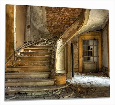 Produktbild von Wallario Herdabdeckplatte aus Glas, Größe 60 x 52 cm 2-teilig, Motiv Massive Steintreppe in herrenlosem Haus