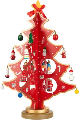 Immagine prodotto di BRUBAKER Mini albero di Natale in legno - albero di Natale da decorare - albero di Natale da tavola piccolo per Natale incl. decorazioni per albero - decorazione natalizia, rosso