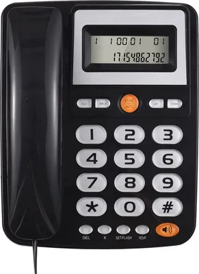 A black corded desktop telephone with a digital display and numeric keypad.