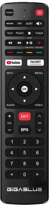A black remote control with various buttons and labels.