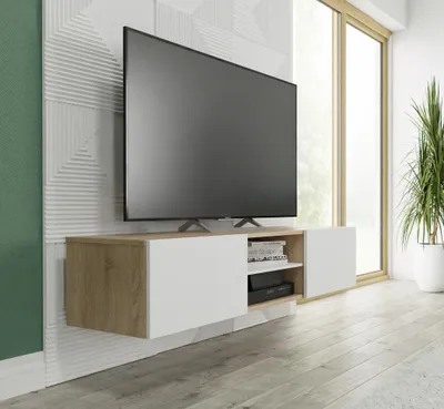 Produktbild von TV Lowboard / Sideboard 140 cm breit Hängeschrank Fernsehschrank TV Kommode mit 2 Türen und offenem Fach Sonoma Eiche / Weiß Matt