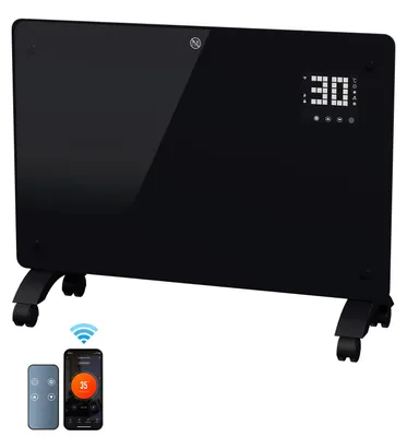 Obrázek produktu pro Eikuavons skleněný konvektorový ohřívač 2000W, černý, s Wi-Fi (Tuya Smart), dálkovým ovládáním, termostatem (5–50 °C), možnost montáže na zeď nebo na kolečka, stupeň krytí IP24
