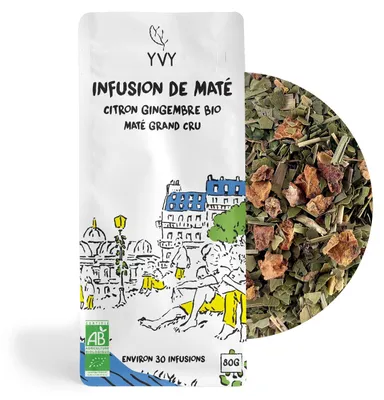 Image de YVY MATÉ – Thé MatéGrand Cru Citron-Gingembre 80 g – Environ 30 Infusions – Frais, Tonique, Doux et Fruité