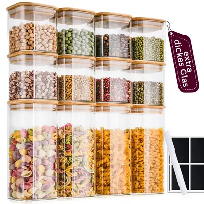 Produktbild von Set von 12 Vorratsgläsern mit Holzdeckel - 400/920 ml - Luftdicht - Borosilikatglas