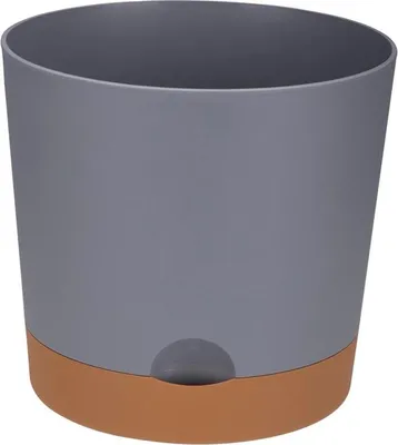 Image de Pot de fleurs en plastique avec soucoupe, couvercle YUMO DUET, 16 cm, matériau gris mat, soucoupe marron clair