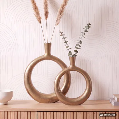 Produktbild von FineBuy Deko Vase 2er Set Aluminium Gold Donut Blumenvase Modern Dekovase Rund 2-teilig für Blumen Alu Tischvase Wohndeko Tischdeko Handgefertigt, KI-generiertes Bild