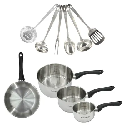 Imagen del producto de Set que incluye: 1 sartén de 20 cm, 3 ollas de acero inoxidable y 6 utensilios de cocina de acero inoxidable, marca Fackelmann Geneva