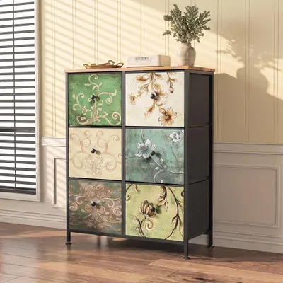 Produktbild von INONEFT Kommode mit 6 Stoffschubladen, 67.5×30×86,5 cm, Vintage Muster, Schlafzimmer Kommode mit Metallrahmen & Holzplatte, für Küche, Büro, Diele