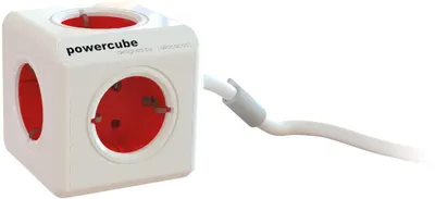 A white Allocacoc PowerCube with red sockets and a white power cord extending to the right.