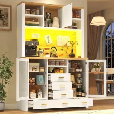 Zdjęcie produktu dla Wysoka szafka z oświetleniem LED, 3 drzwi, 6 szuflad, blat, półki, wymiary: 120x40x188 cm, kolor: biały