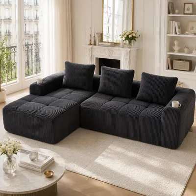 Produktbild von Cord Sofa Kleines Couch 2-Sitzer Modular mit Getränkehalter Seitentasche Polstersofa Kompaktsofa Wohnzimmer Couchgarnitur inkl 3 Kissen Dunkelgrau