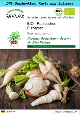 Produktbild von SAFLAX - Geschenk Set - BIO - Radieschen - Eiszapfen - 100 Samen - Mit Geschenk- / Versandbox, Versandaufkleber, Geschenkkarte und Anzuchtsubstrat - Raphanus sativus