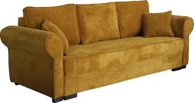 A mustard yellow corduroy sofa with three back cushions and one small decorative cushion.