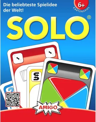 The image is a product shot for a card game called SOLO, featuring several cards with colorful designs and text.