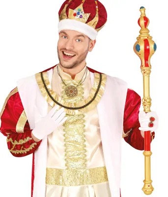 Productafbeelding van Middeleeuws koningsscepter, geschikt voor heersers, troonceremonies, carnaval, kostuums, sprookjeskoninginnen, Wereldbekerdag, kostuumaccessoires, koninklijke staf, accessoire. Kleur: goud