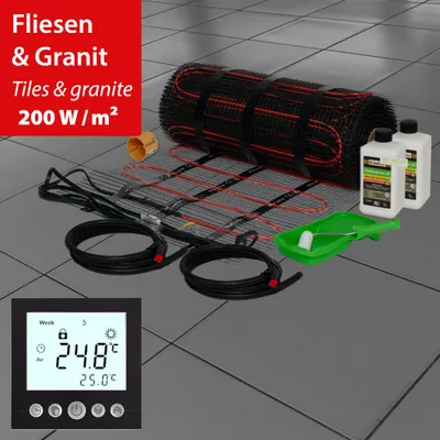 Obrázok produktu pre Elektrické podlahové vykurovanie tenkovrstvová vykurovacia rohož 200Watt kompletná sada dlaždíc s termostatom 12,0m²