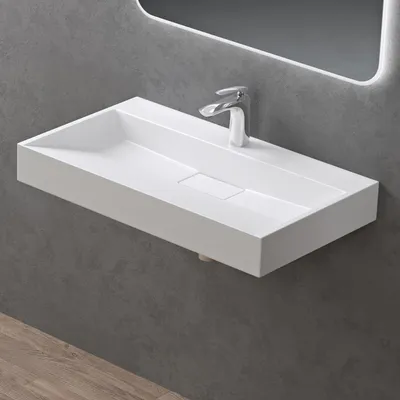 Produktbild von doporro Waschbecken Aufsatzwaschbecken Mineralguss Hängewaschbecken Waschtisch matt weiß 80x46x11cm mit Armaturloch inkl. Ablaufgarnitur Colossum19