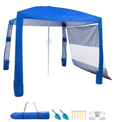Produktbild von SucceBuy Strand-Cabana, 2,4 x 2,4 m Strandzelt mit Seitenwand, UPF 50+ Sonnenschutz, tragbarer Pavillon mit Sandsäcken, höhenverstellbarer Sonnenschutz für Familie und Freunde, Blau