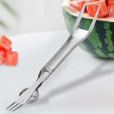 Produktbild von Wassermelonenschneider aus Edelstahl mit Gabel-Löffel, multifunktionaler tragbarer Küchenhelfer für Obstsalat, Kochen, Mittagessen und Picknick