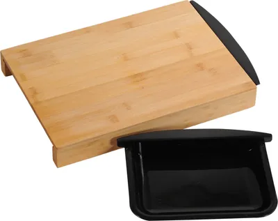 Produktbild von KESPER Schneidebrett Bambus mit 2 schwarzen Auffangschalen – seitlich herausziehbar – 41 x 25 x 4 cm – hygienisch & praktisch – Modell 58350