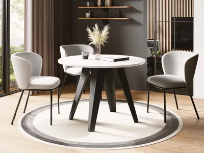 Produktbild von Esstisch Glory im Industriestil - Modern, Rund - Ausziehbar von 100 cm bis 140 cm, Pulverbeschichtete Metallbeine - Weiß