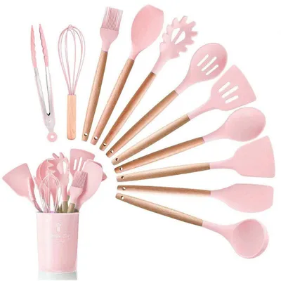 Küchenhelfer-Set, 12-tlg., Silikon, Holzgriff, rosa