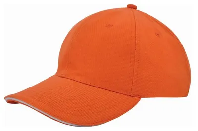 Productafbeelding van 6 Panel Cap van zwaar geborsteld katoen met koperen bucklesluiting - Oranje / Wit